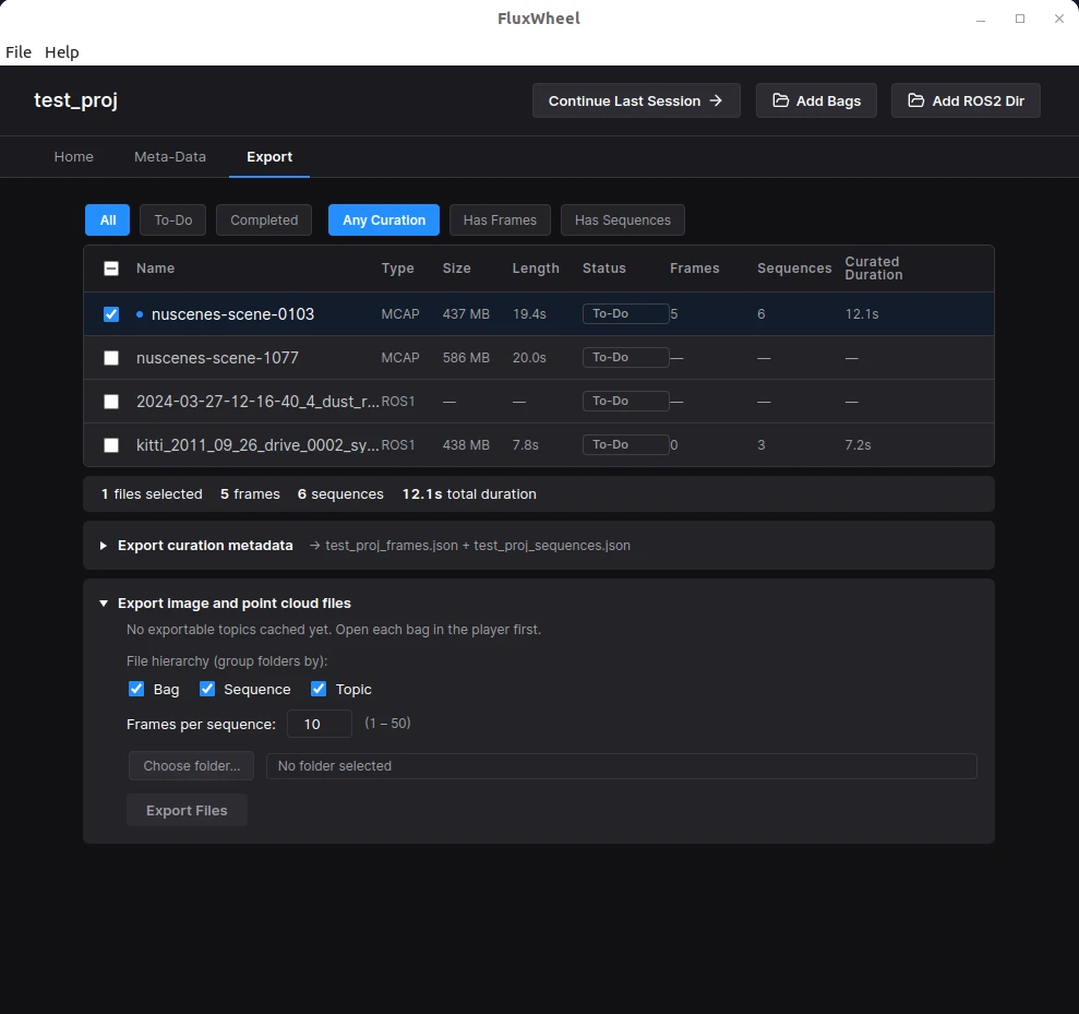 FluxWheel export screen with a table of recordings, per-bag curation stats and frame-extraction options