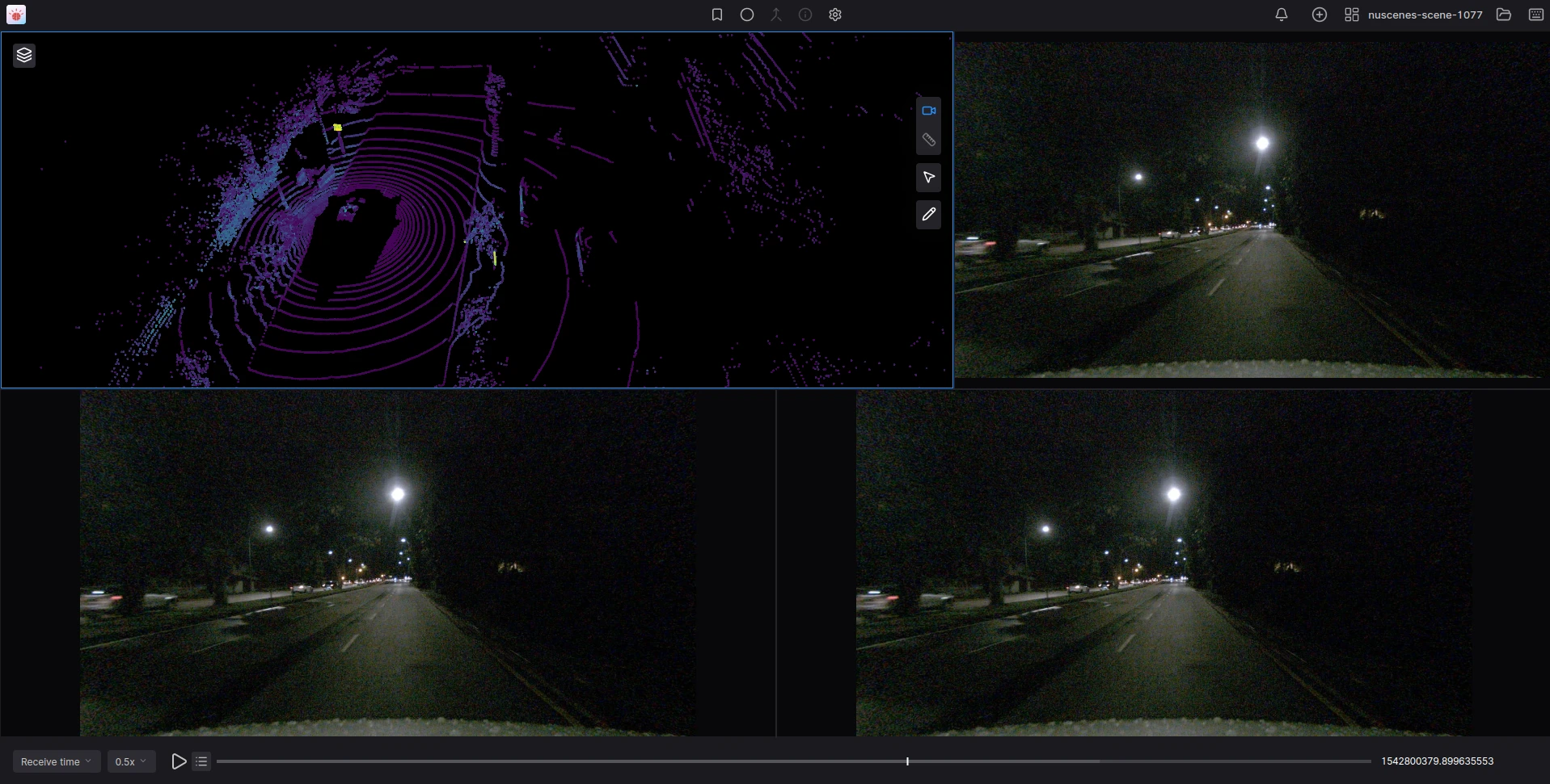FluxWheel showing a 3D point cloud panel, multiple camera panels and sensor plots side by side